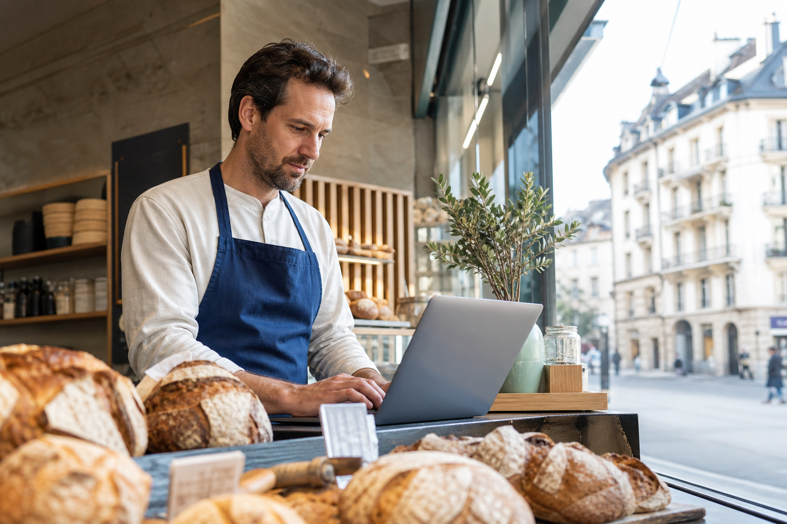 Propriétaire d'une boulangerie suisse consultant les informations de son commerce sur un ordinateur.